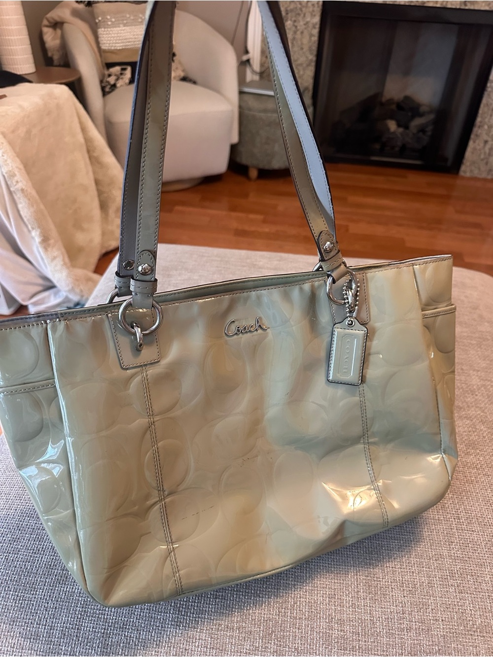 Coach Patent Leather Tote in Pale Olive